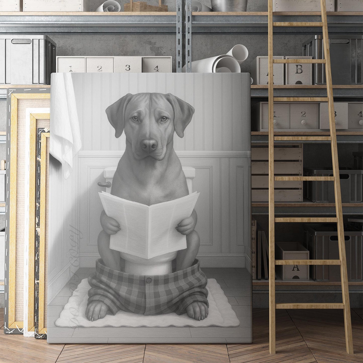 Rhodesian Ridgeback Dog Reading The Newspaper On The Toilet