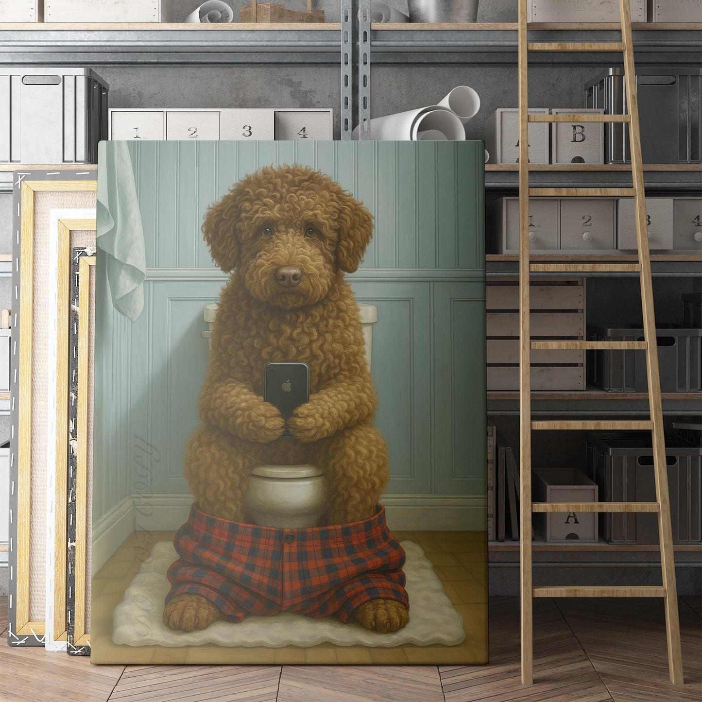 Lagotto Romagnolo Dog On The Phone On The Toilet