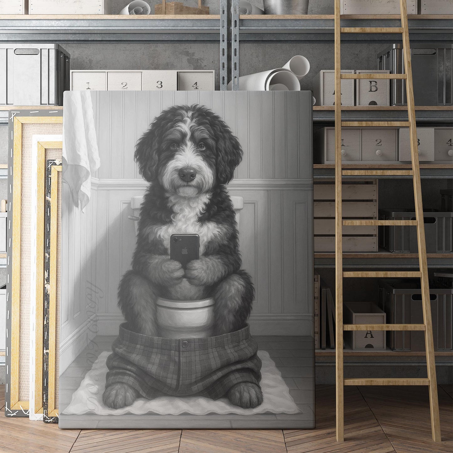 Bernedoodle Dog On The Phone On The Toilet