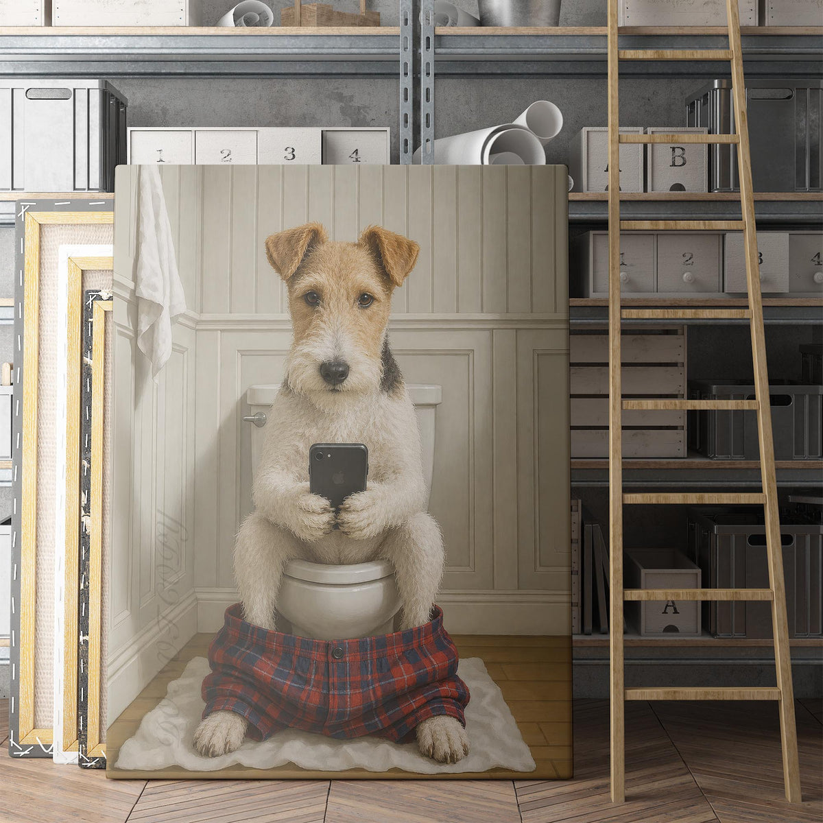 Wire Fox Terrier Dog On The Phone On The Toilet