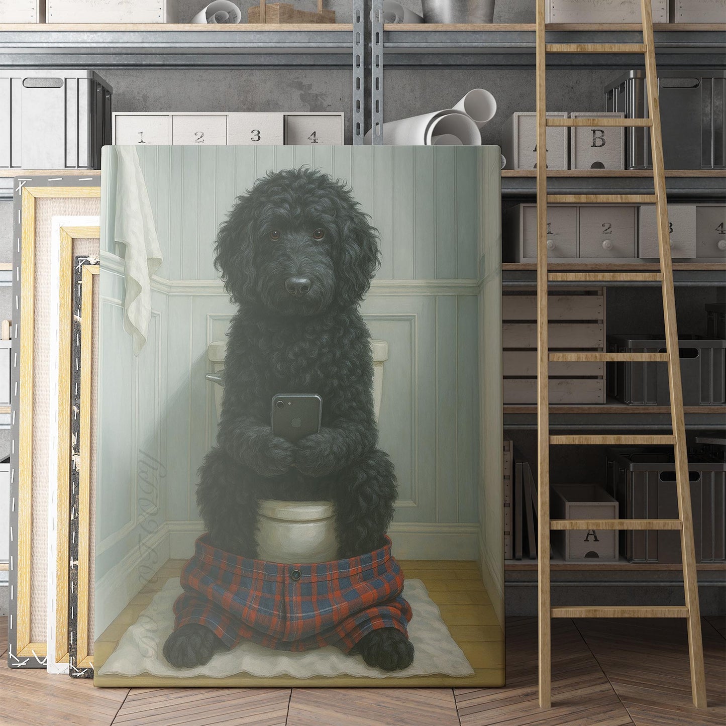 Black Golden Doodle Dog On The Phone On The Toilet
