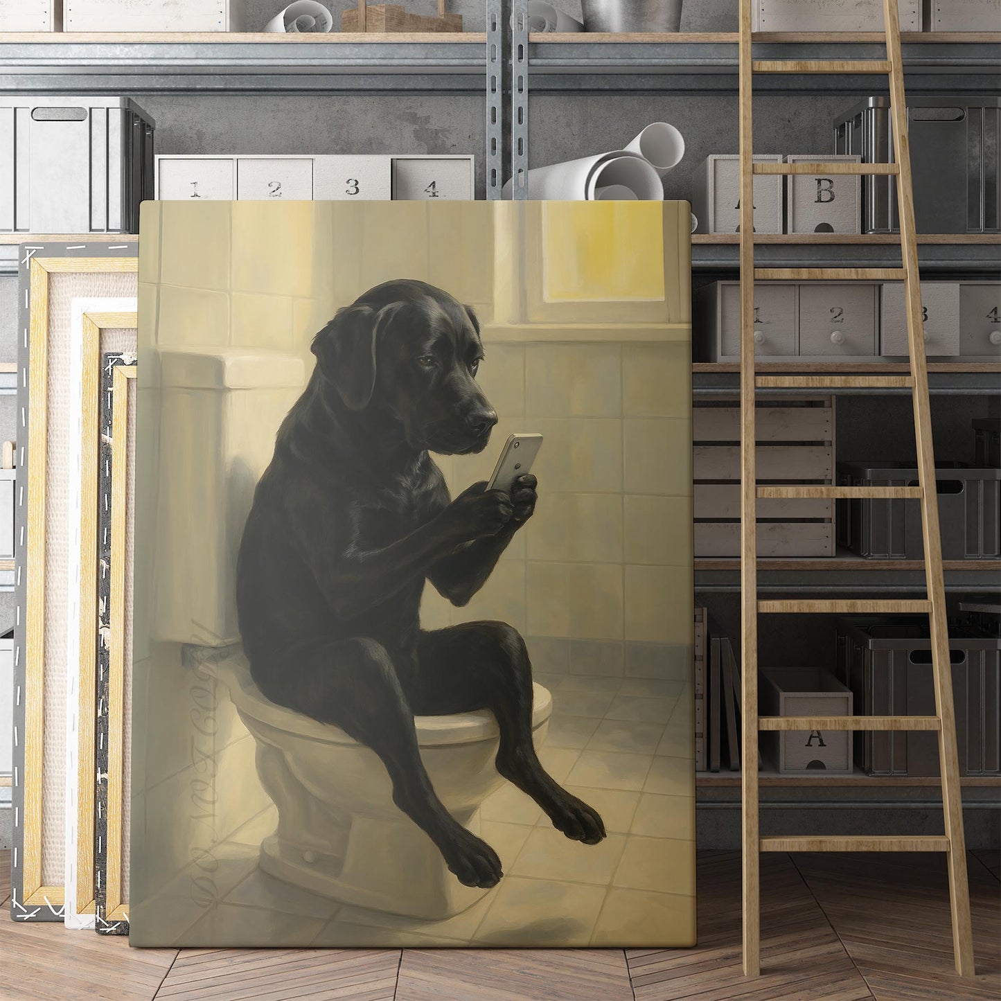 Black Labrador Dog On The Phone On The Toilet