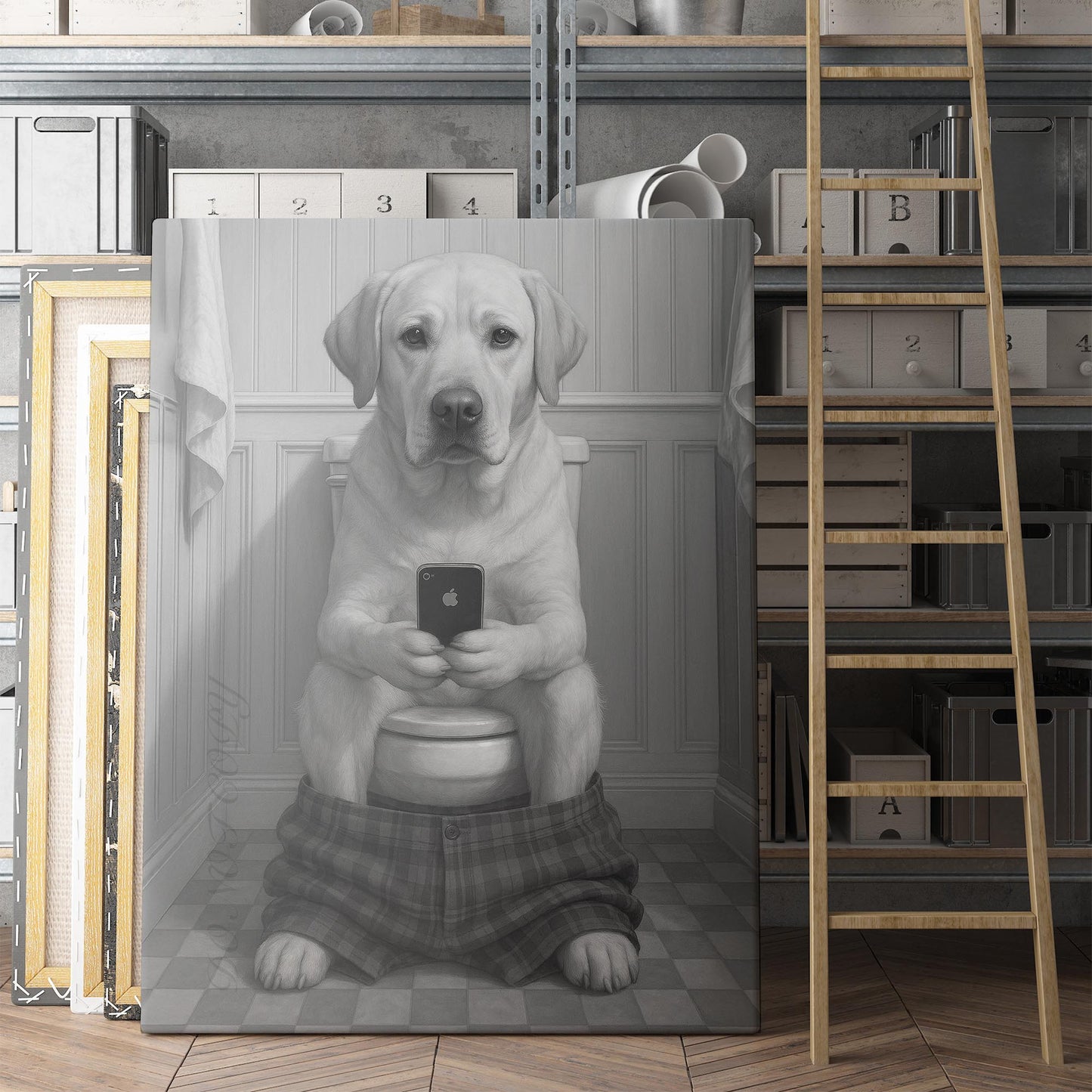 Yellow Labrador Retriever Dog On The Phone On The Toilet