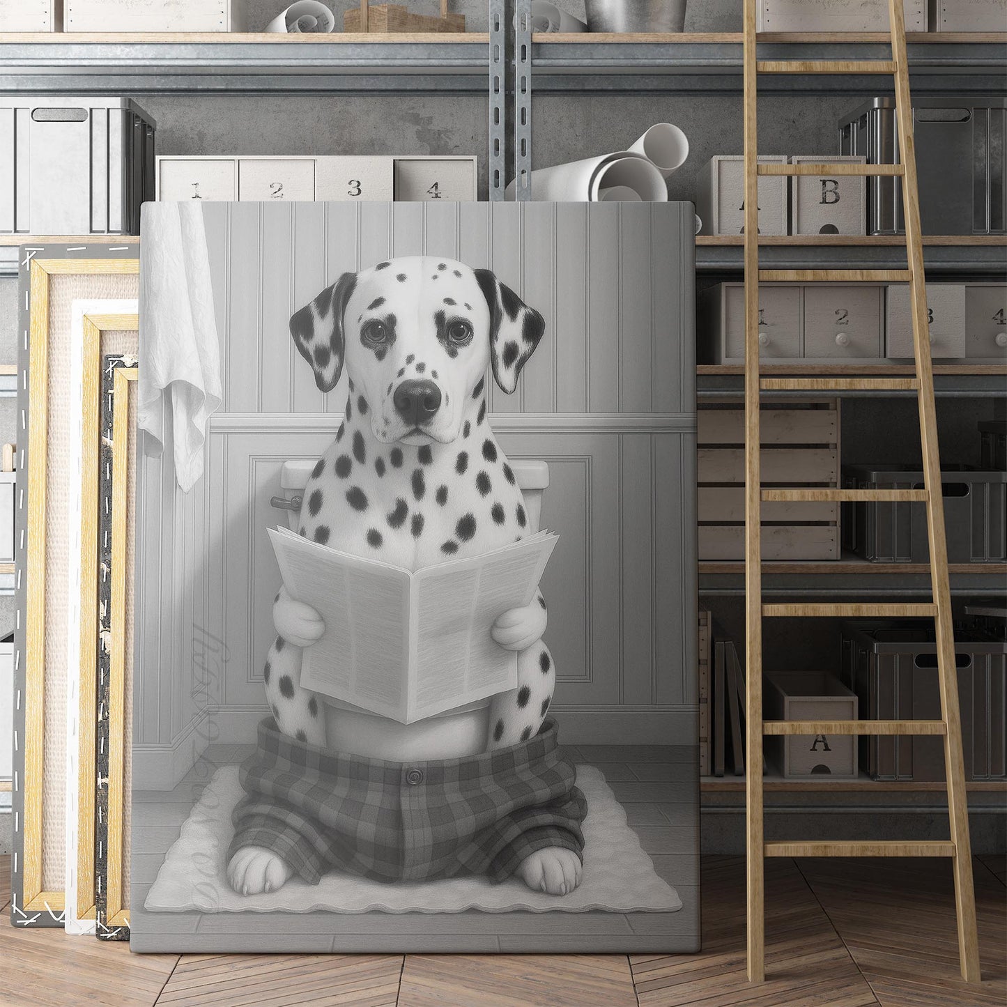 Dalmatian Dog Reading The Newspaper On The Toilet