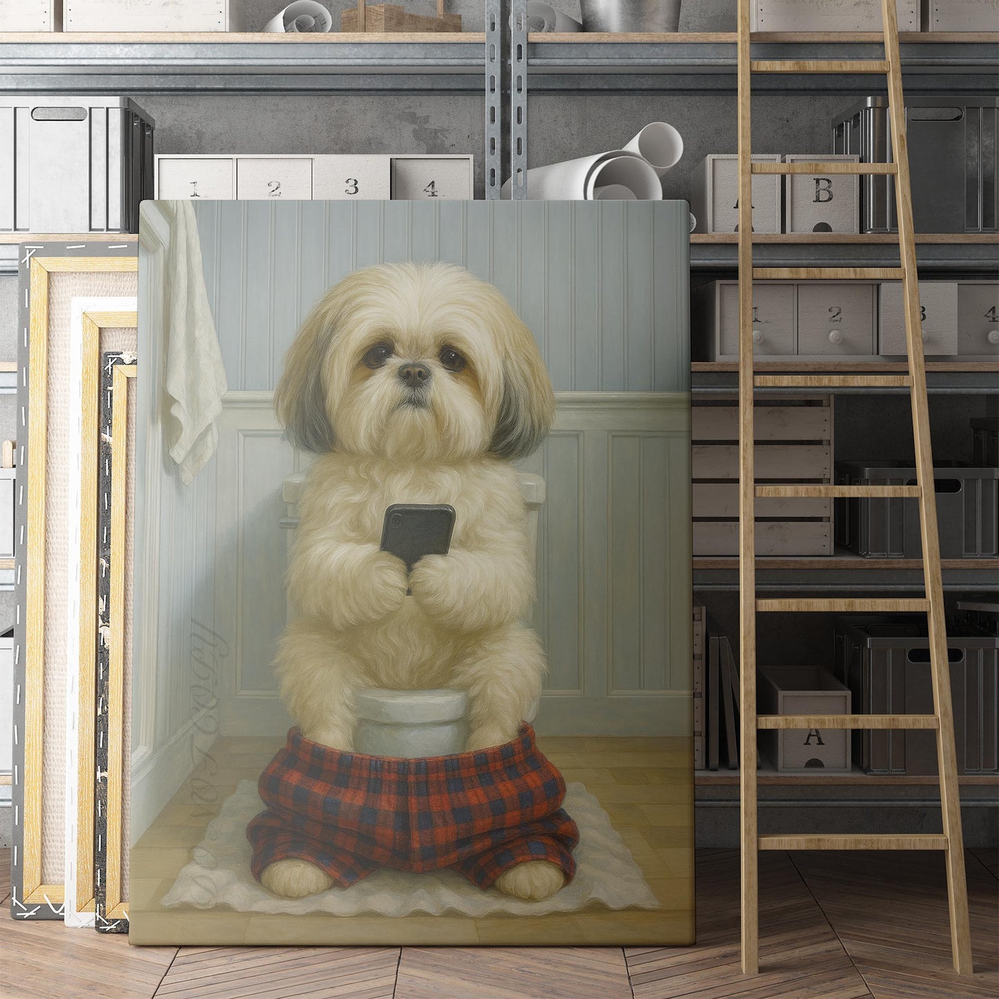 Shih Tzu Dog On The Phone On The Toilet