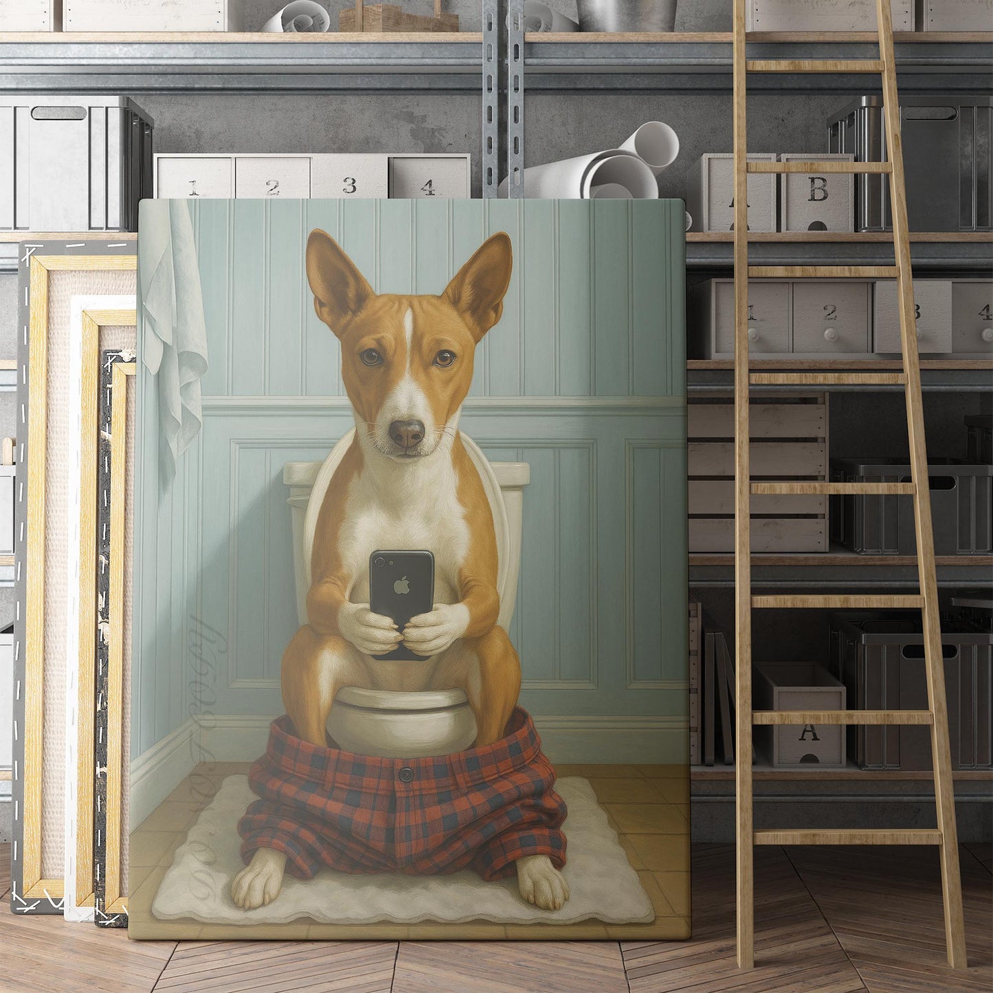 Basenji Dog On The Phone On The Toilet
