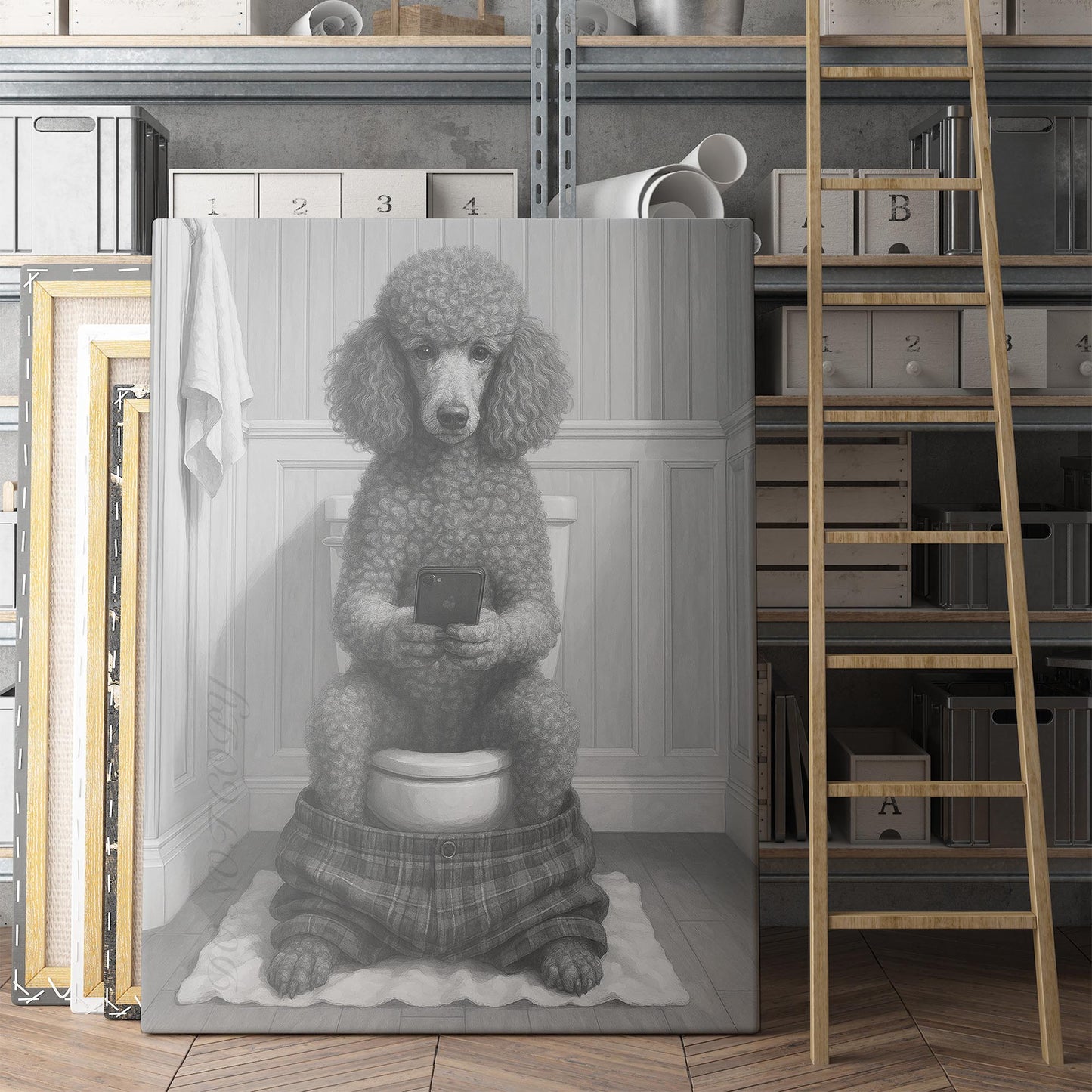 French Poodle Dog On The Phone On The Toilet