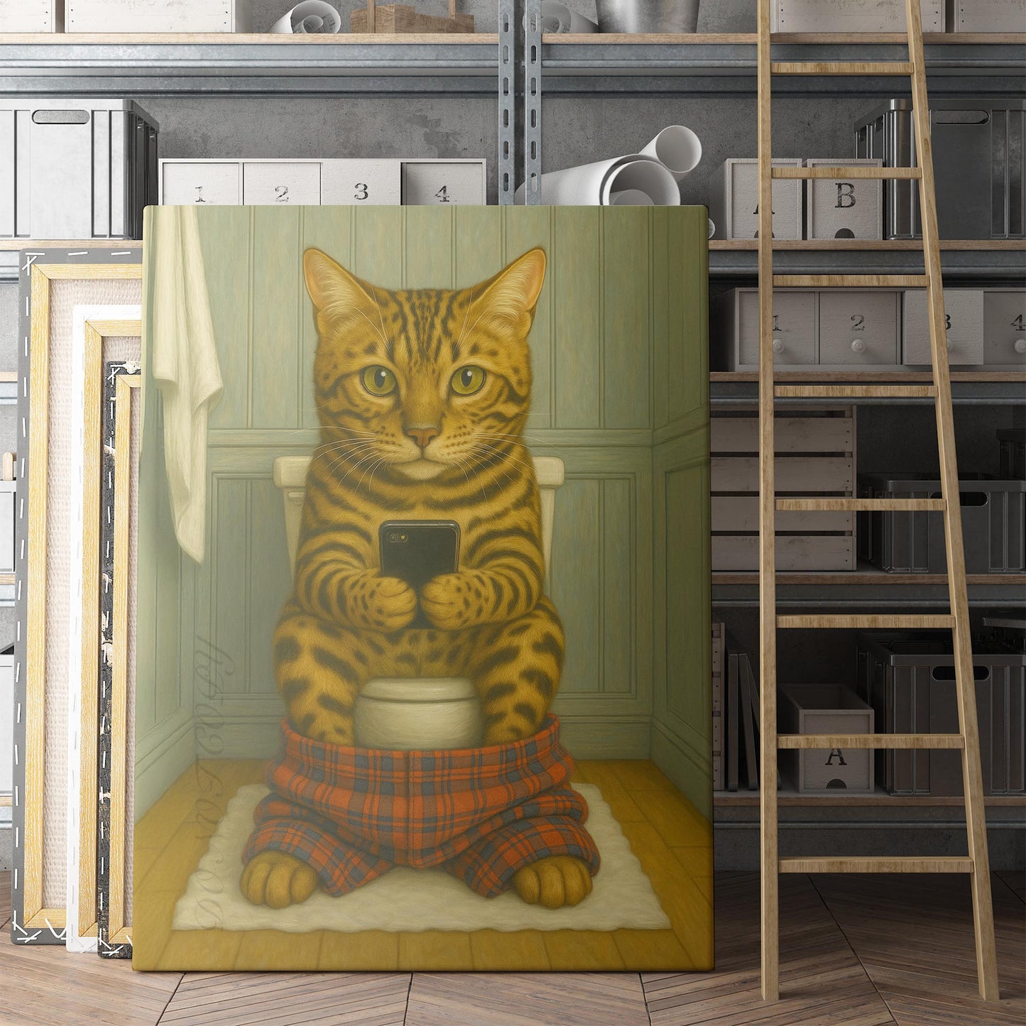 Bengal Cat On The Phone On The Toilet