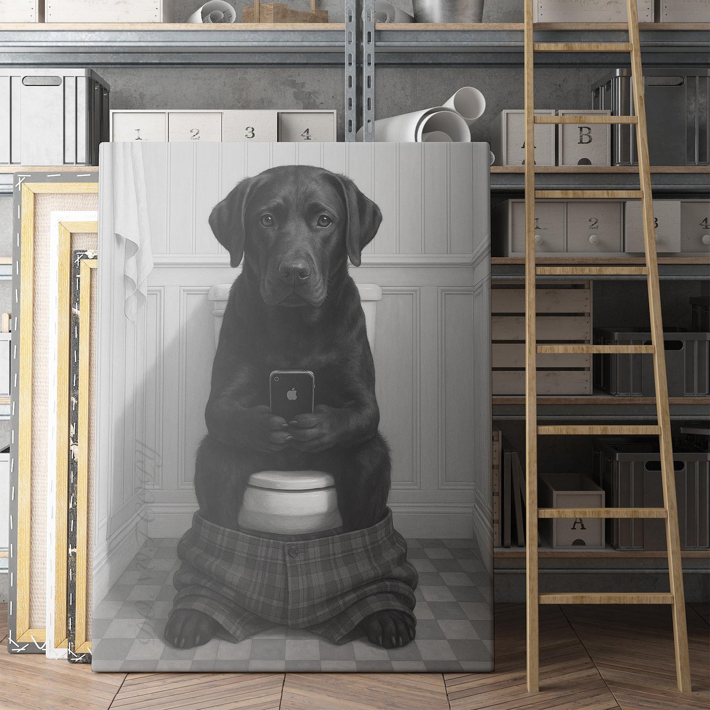 Black Labrador Retriever Dog On The Phone On The Toilet