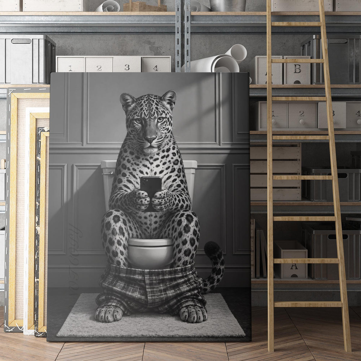 Leopard On The Phone On The Toilet