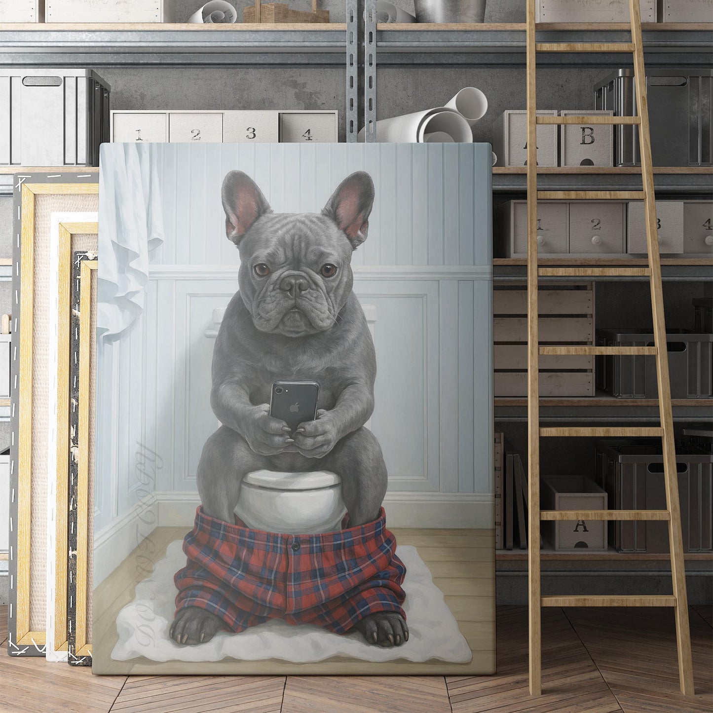 Grey French Bulldog On The Phone On The Toilet