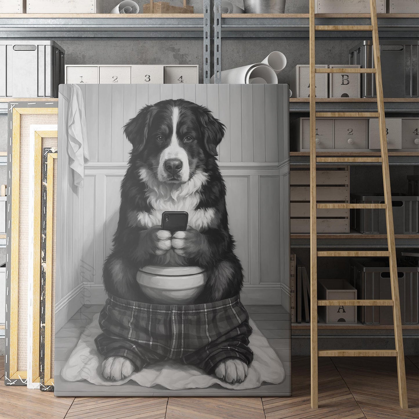 Bernese Mountain Dog On The Phone On The Toilet