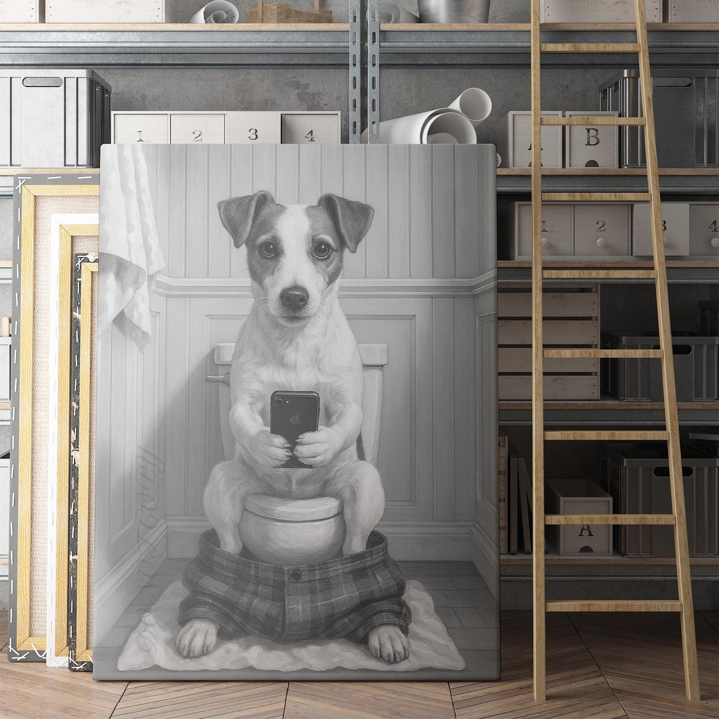 Jack Russell Terrier Dog On The Phone On The Toilet