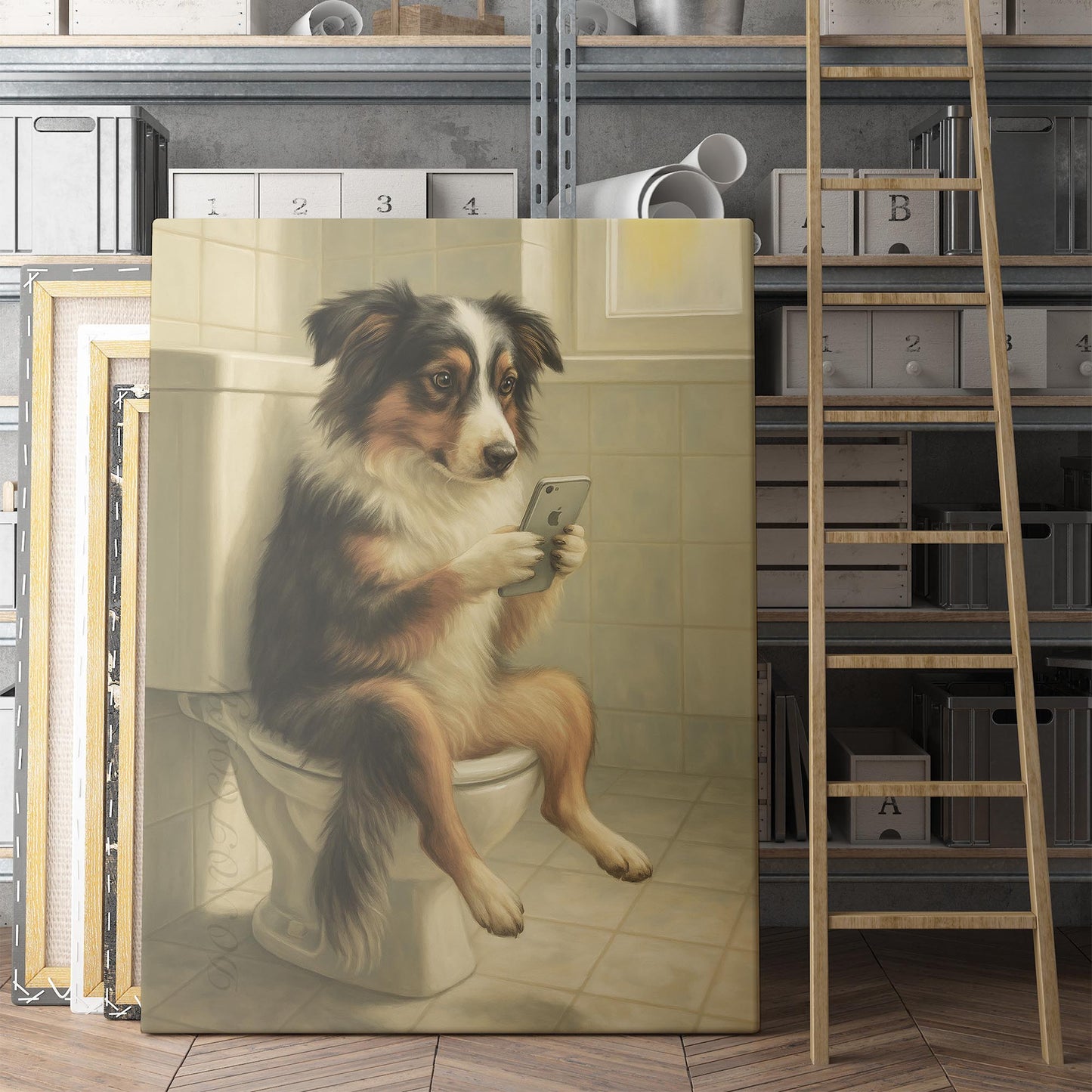 Australian Shepherd Dog On The Phone On The Toilet