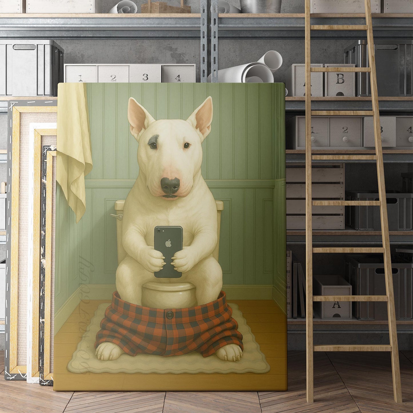 Bull Terrier Dog On The Phone On The Toilet