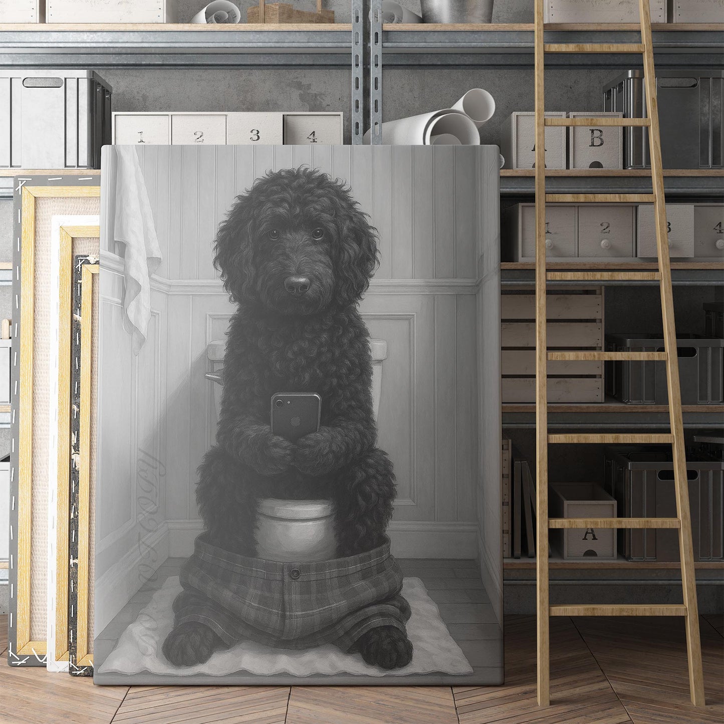 Black Golden Doodle Dog On The Phone On The Toilet