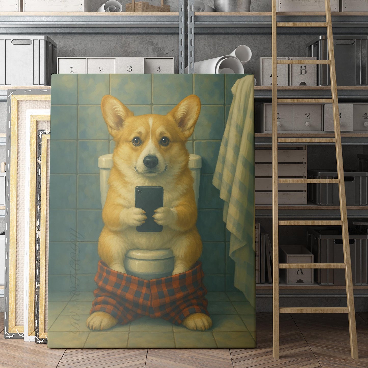 Corgi Dog On The Phone On The Toilet