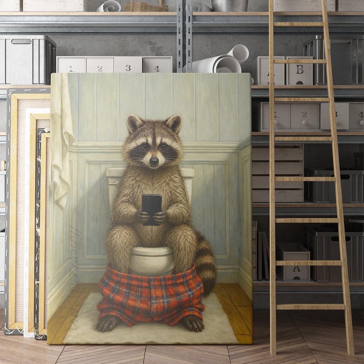 Raccoon On The Phone On The Toilet