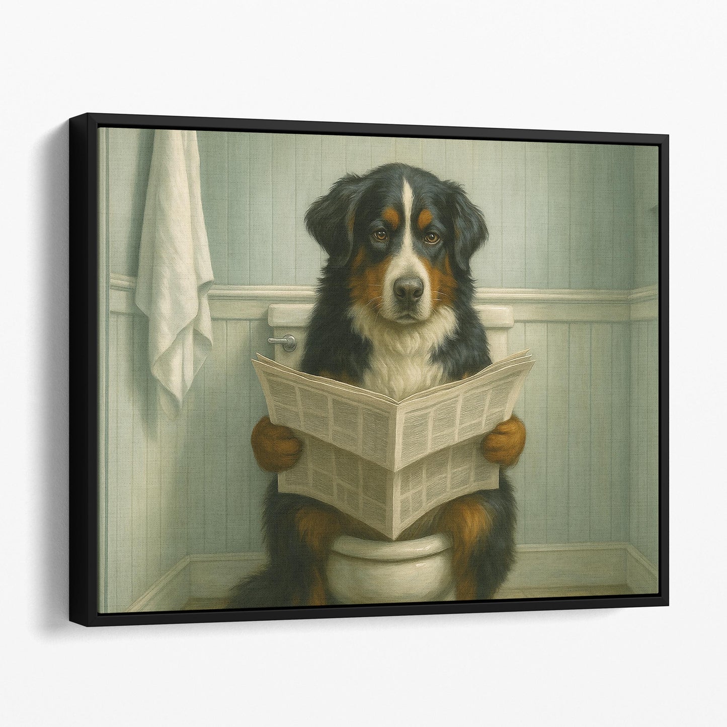 Bernese Mountain Dog Reading The Newspaper On The Toilet