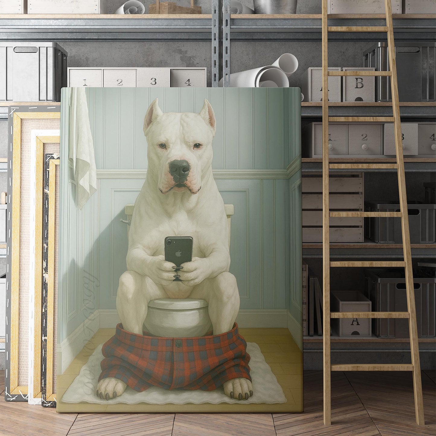 Dogo Argentino Dog On The Phone On The Toilet