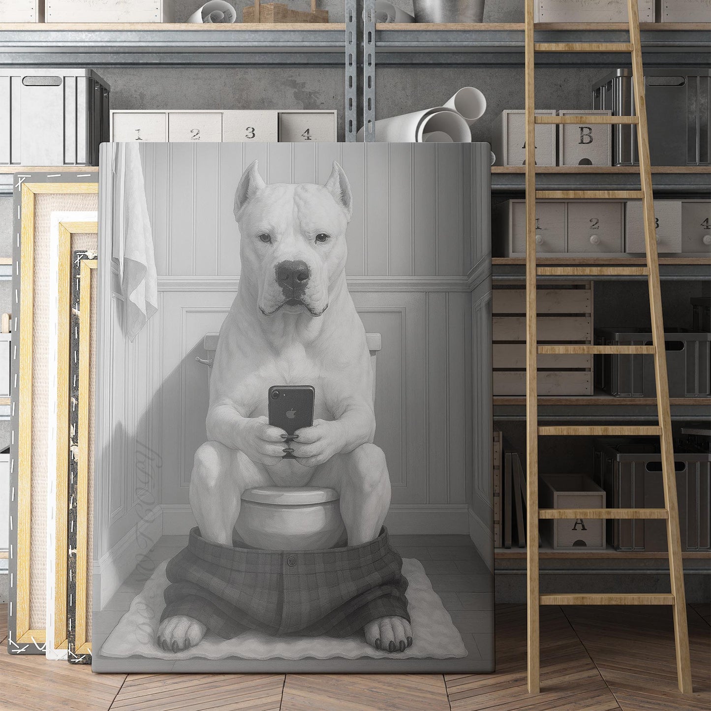 Dogo Argentino On The Phone On The Toilet
