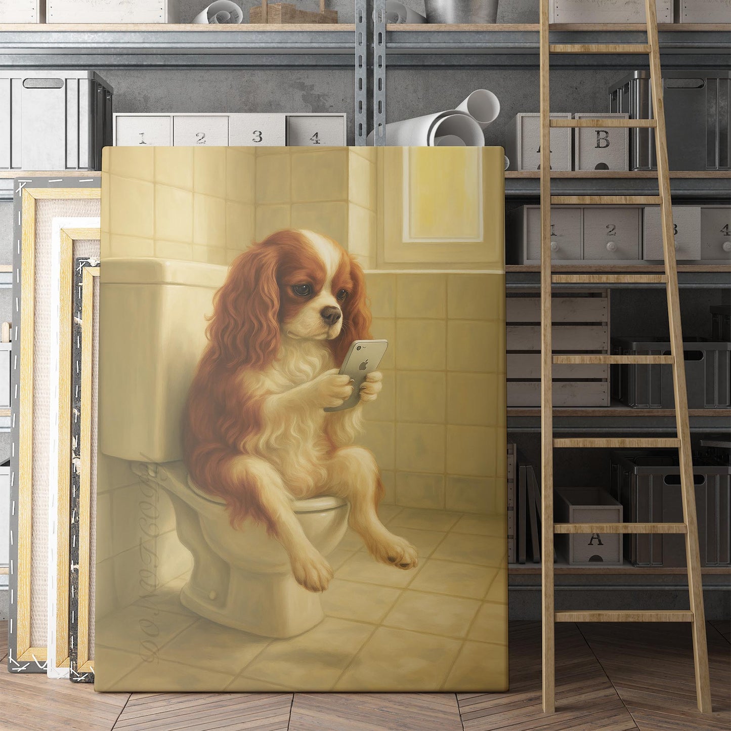 King Cavalier Dog On The Phone On The Toilet