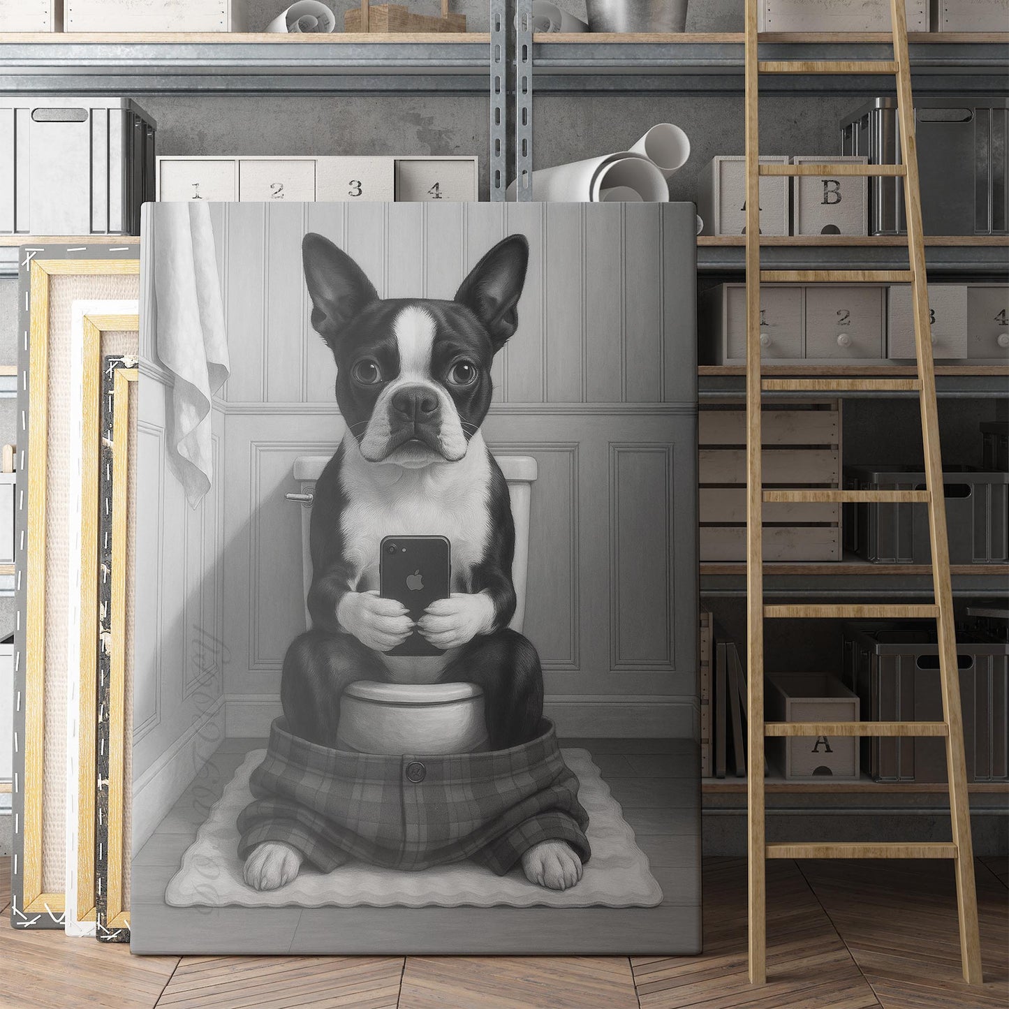 Boston Terrier Dog On The Phone On The Toilet