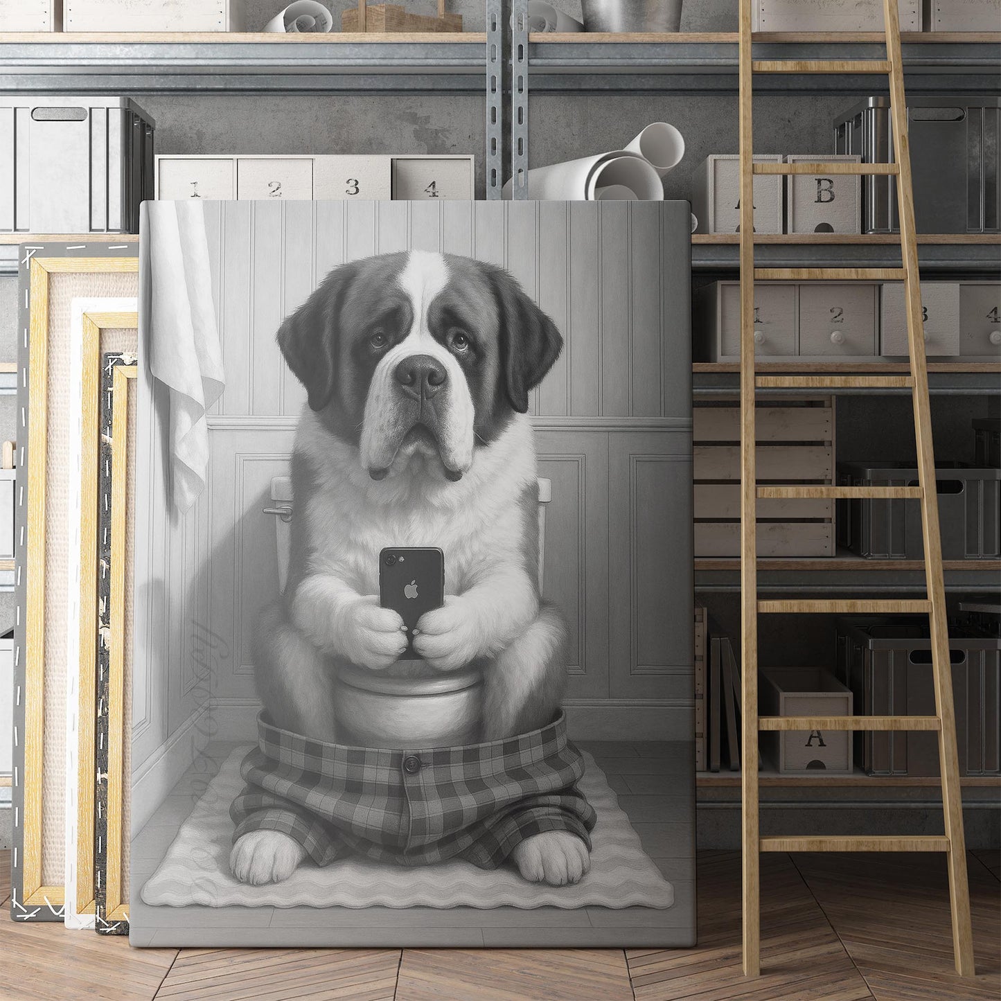 Saint Bernard Dog On The Phone On The Toilet