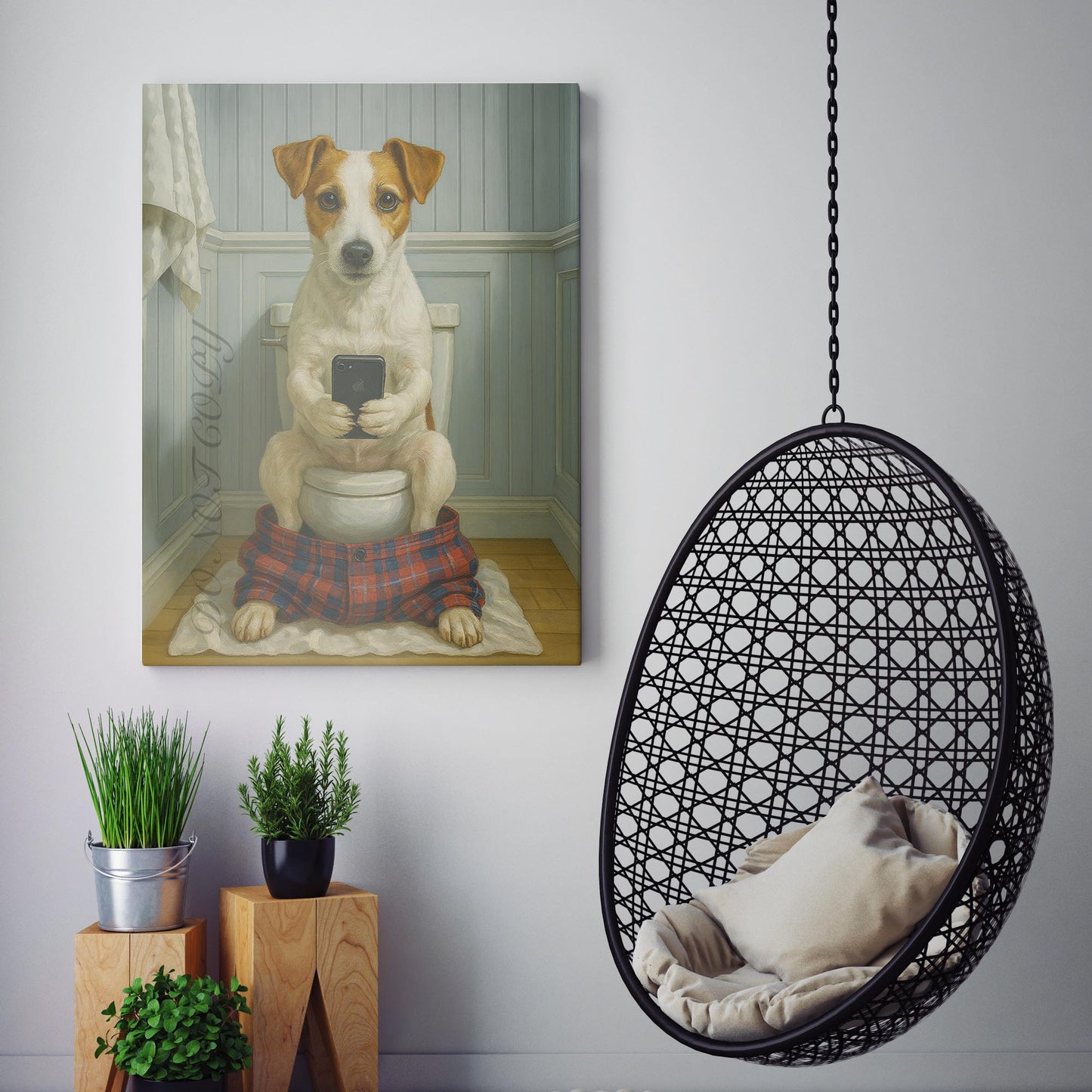 Jack Russell Terrier Dog On The Phone On The Toilet