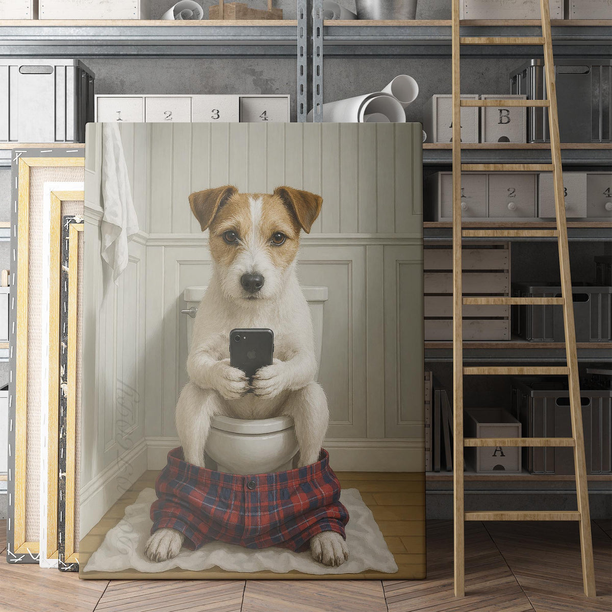 Parson Russell Terrier Dog On The Phone On The Toilet