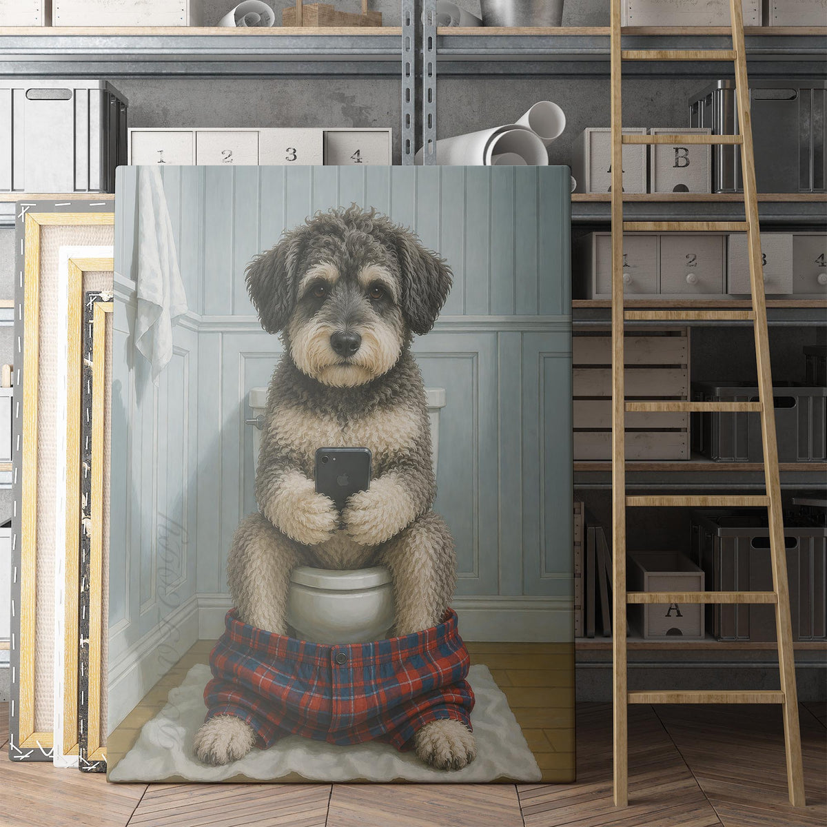 Schnoodle Dog On The Phone On The Toilet