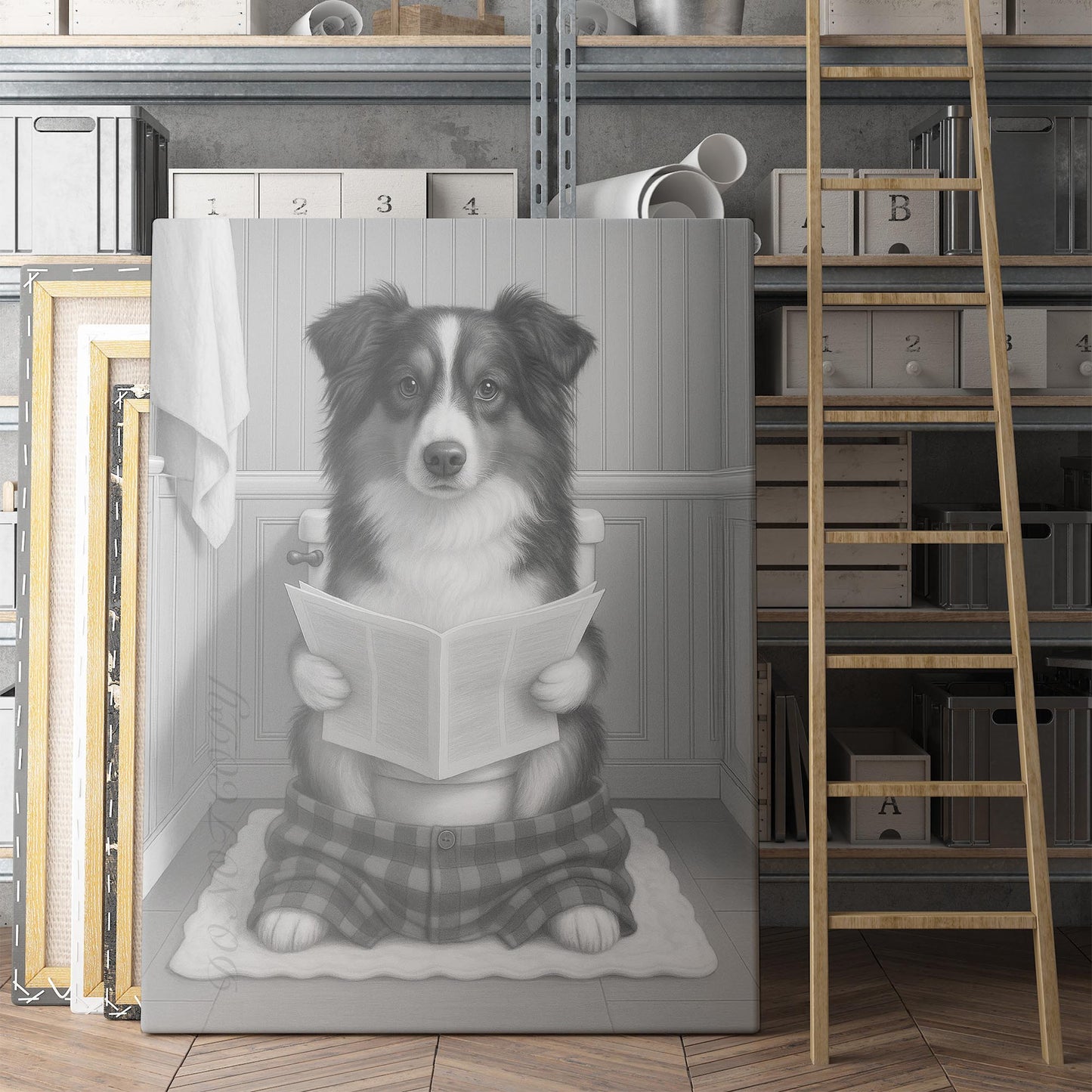 Miniature American Shepherd Dog Reading The Newspaper On The Toilet
