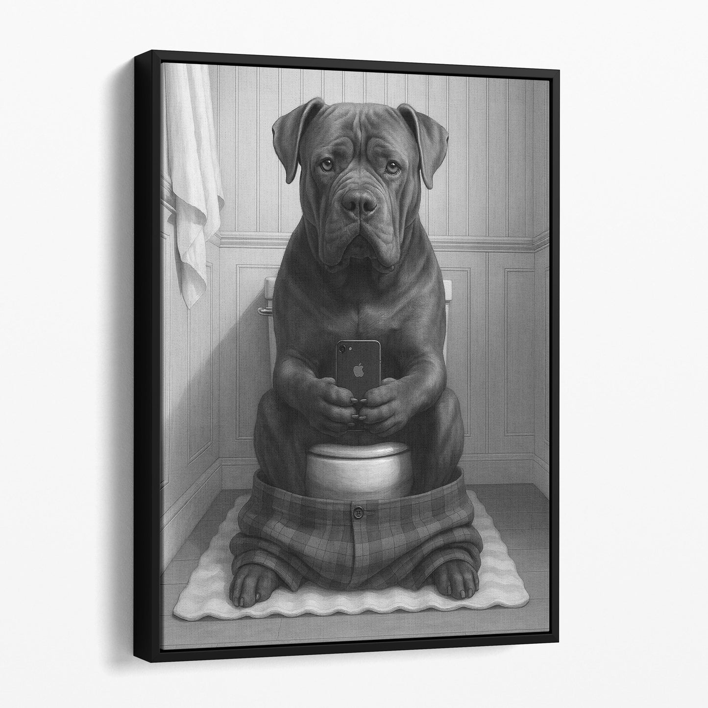 Cane Corso Dog On The Phone On The Toilet