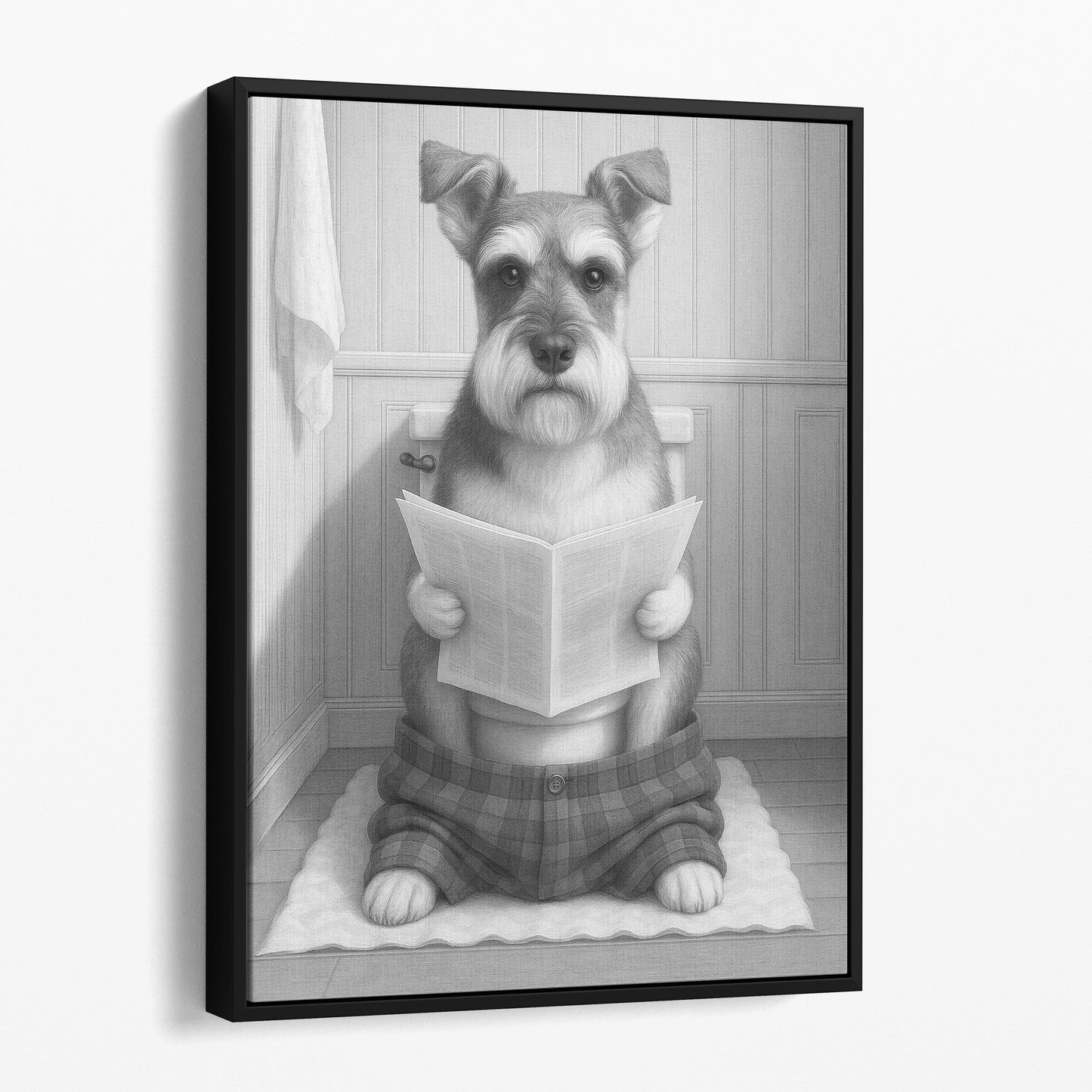 Schnauzer Dog Reading The Newspaper On The Toilet