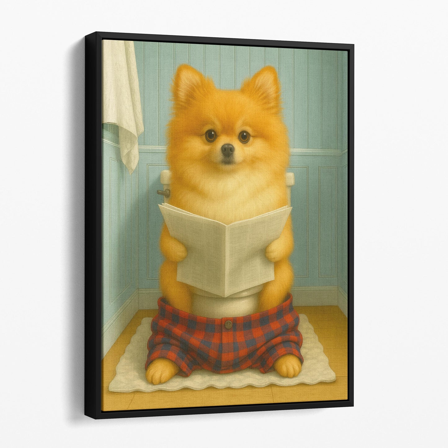 Pomeranian Dog Reading The Newspaper On The Toilet