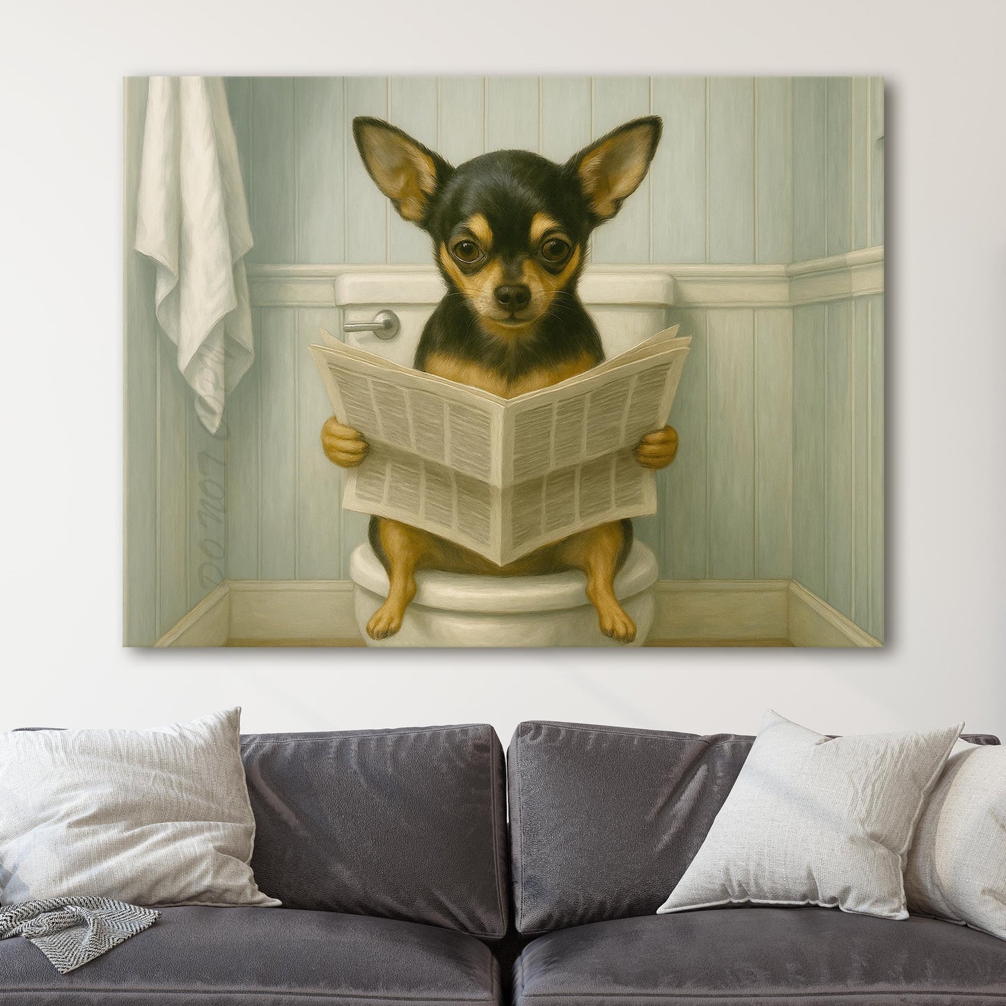 Chihuahua Dog Reading The Newspaper On The Toilet