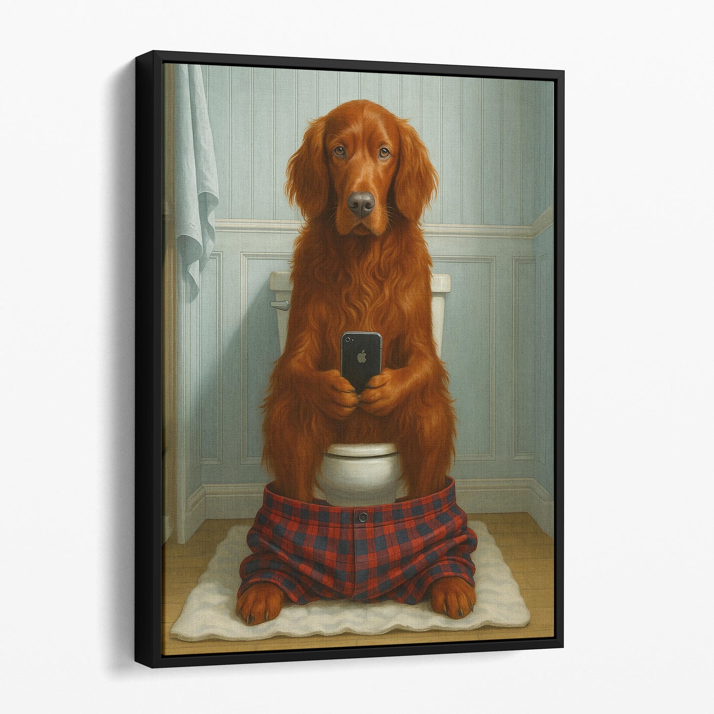 Irish Setter Dog On The Phone On The Toilet