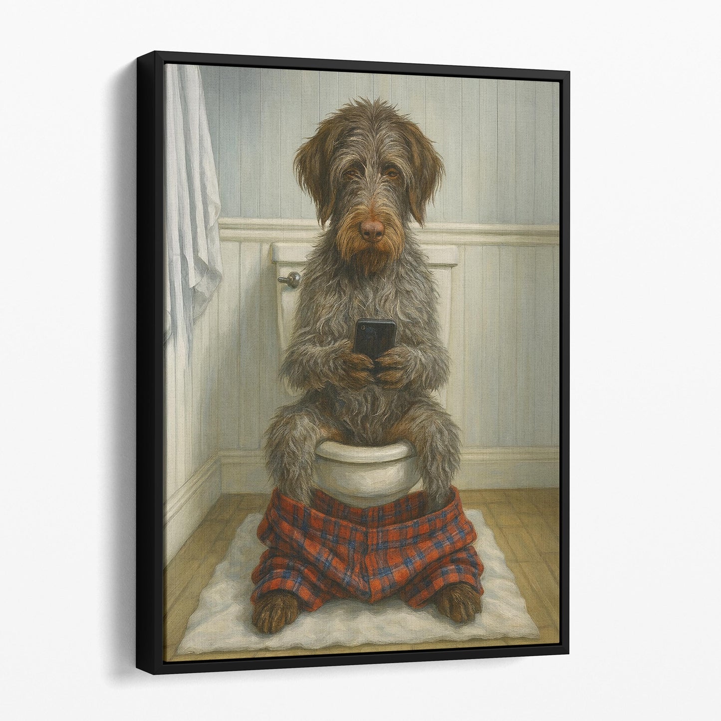Wirehaired Pointing Griffon Dog On The Phone On The Toilet