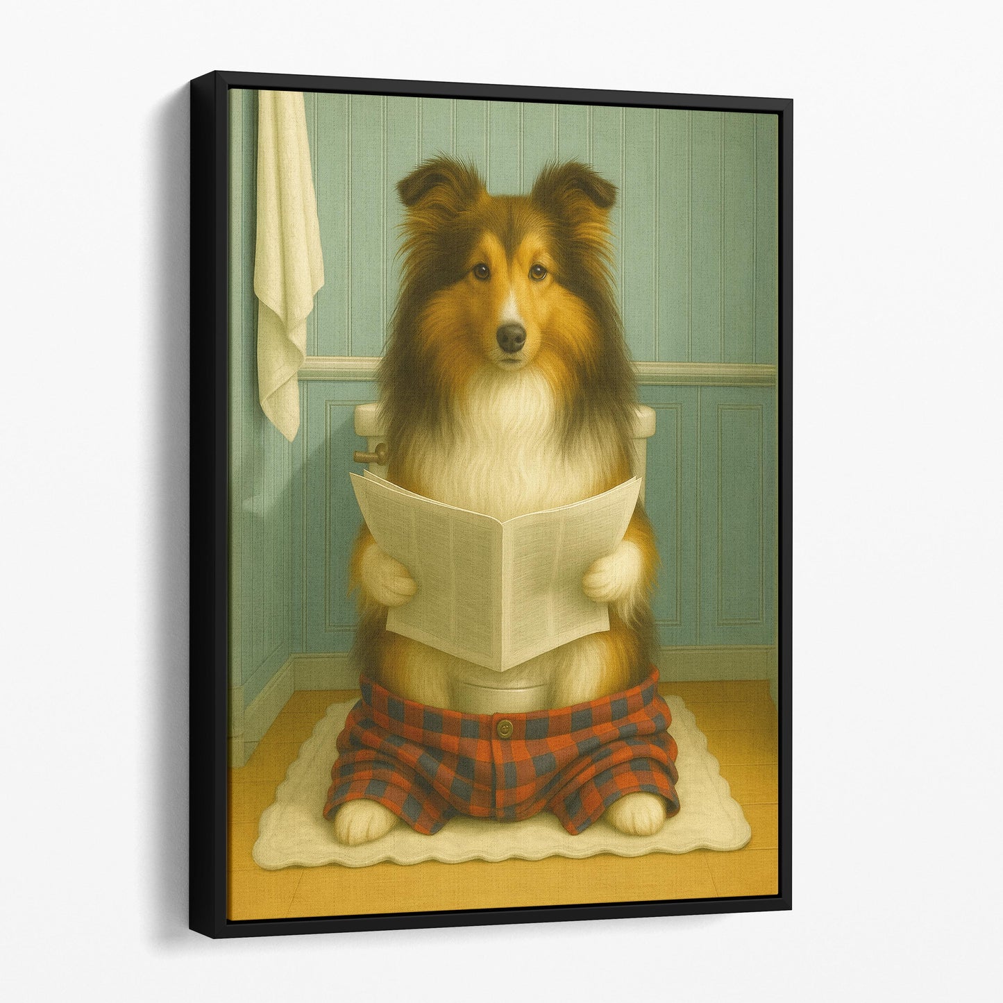 Shetland Sheepdog Reading The Newspaper On The Toilet