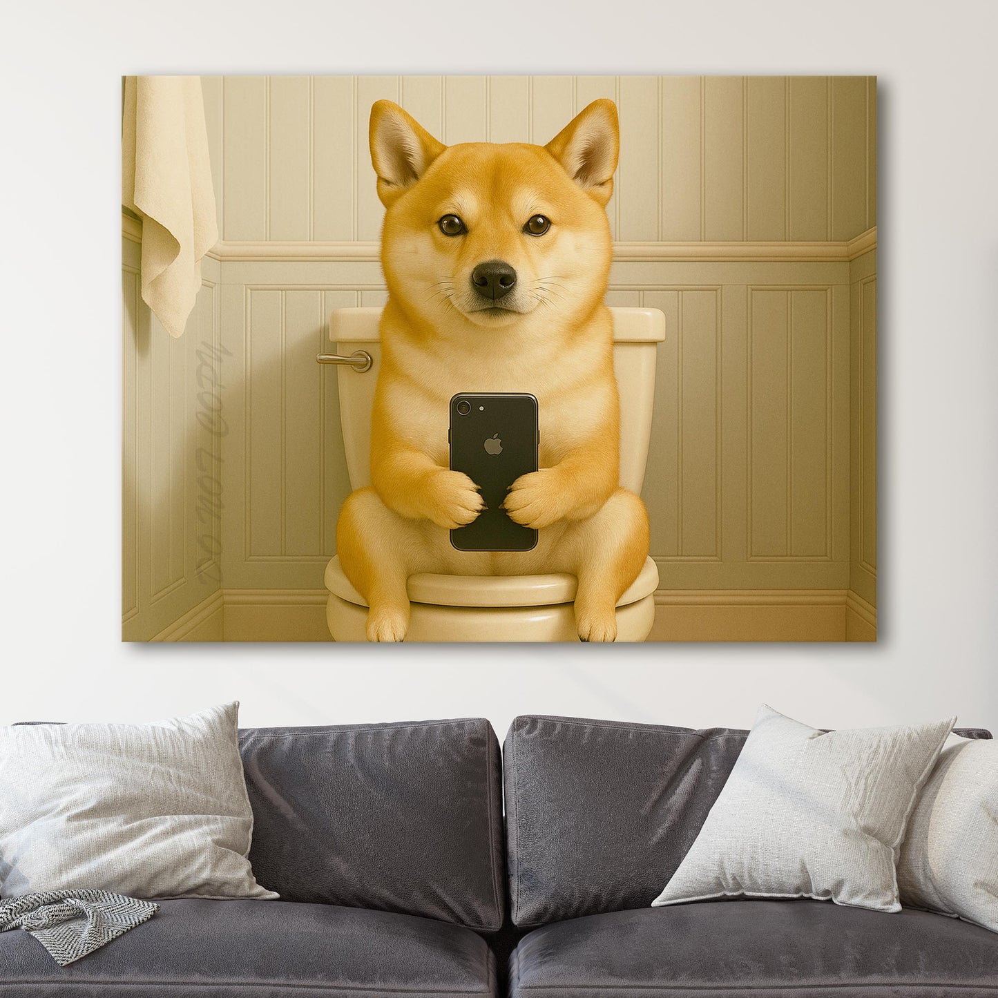 Shiba Inu Dog On The Phone On The Toilet