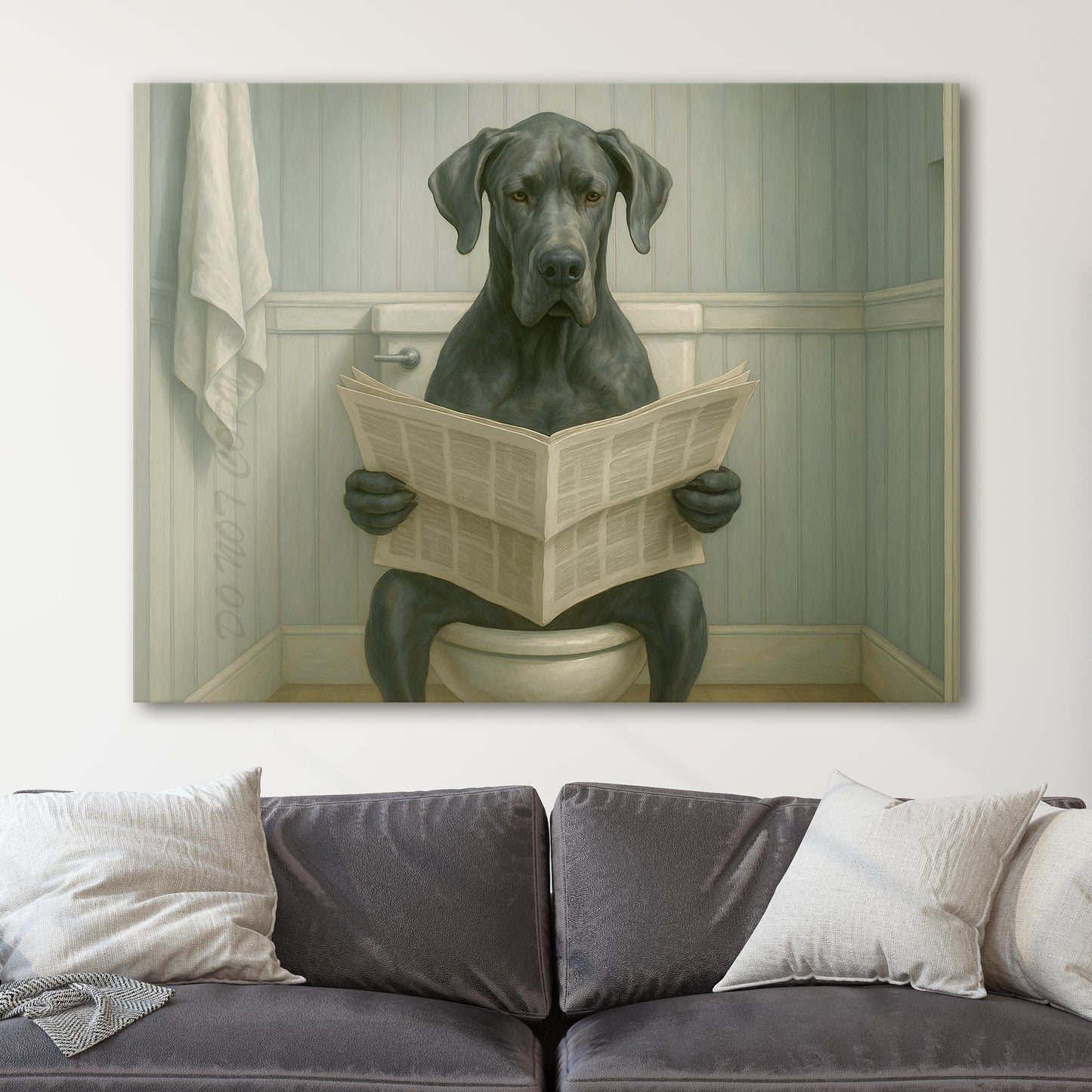 Great Dane Dog Reading The Newspaper On The Toilet