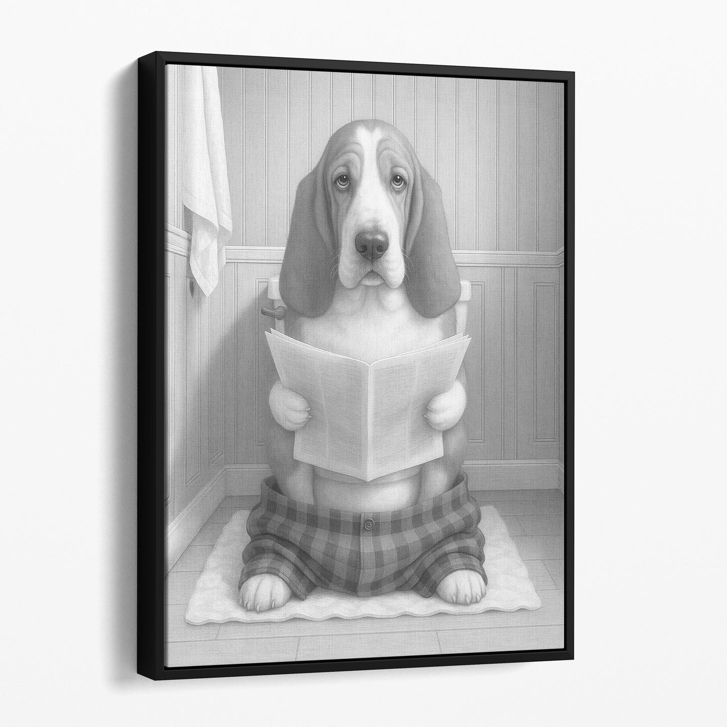 Basset Hound Dog Reading The Newspaper On The Toilet