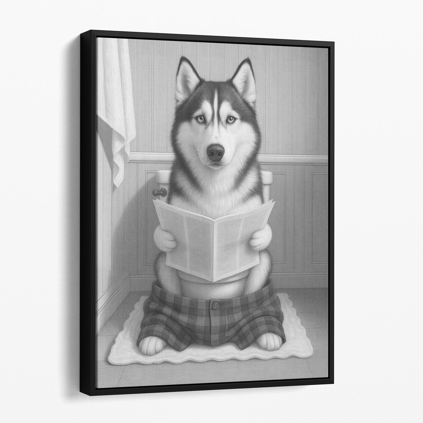 Husky Dog Reading The Newspaper On The Toilet