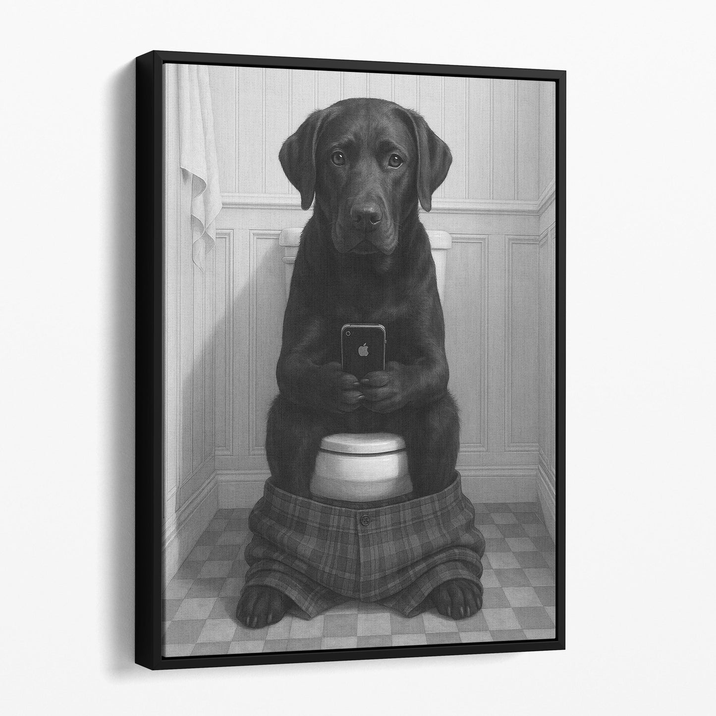 Black Labrador Retriever Dog On The Phone On The Toilet