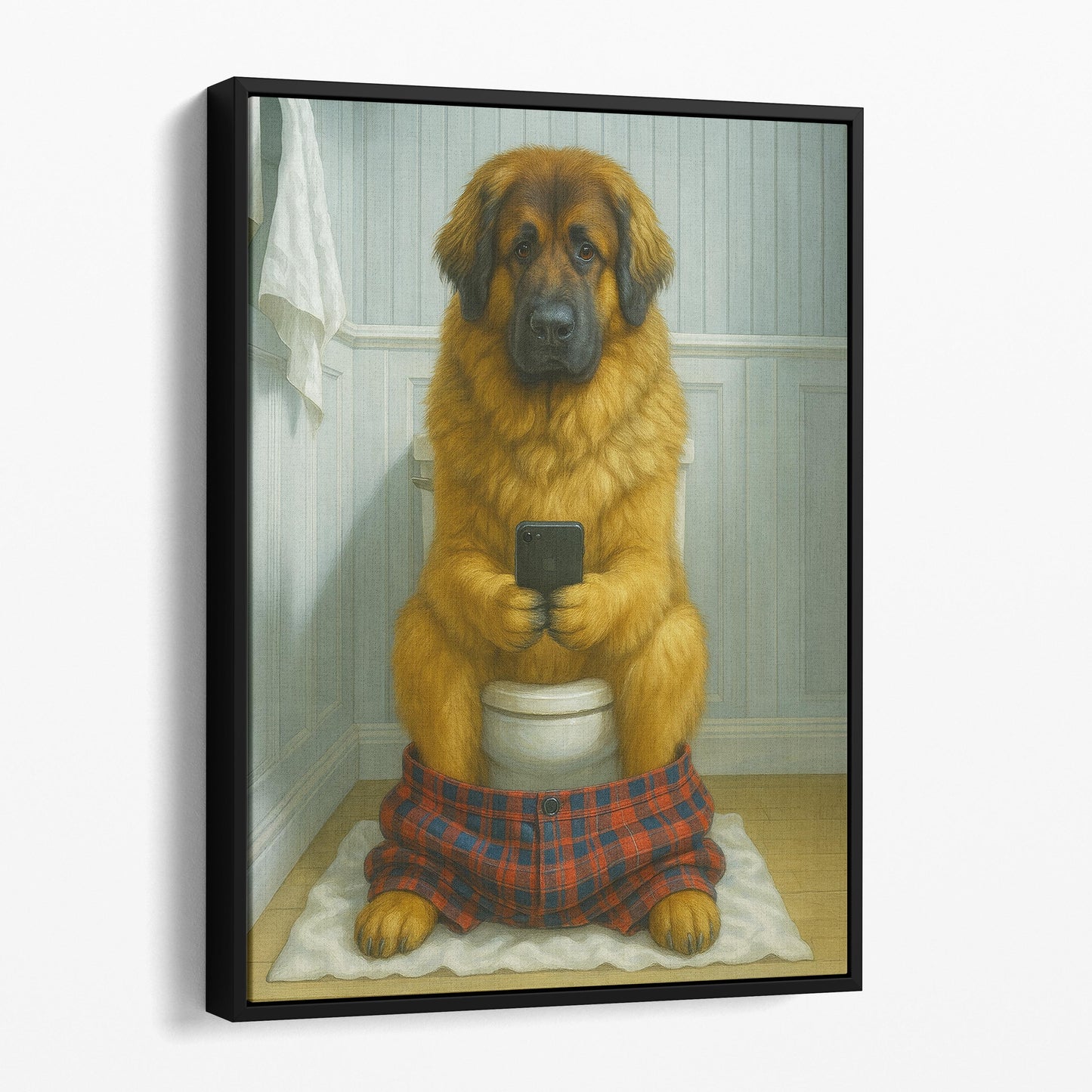 Leonberger Dog On The Phone On The Toilet