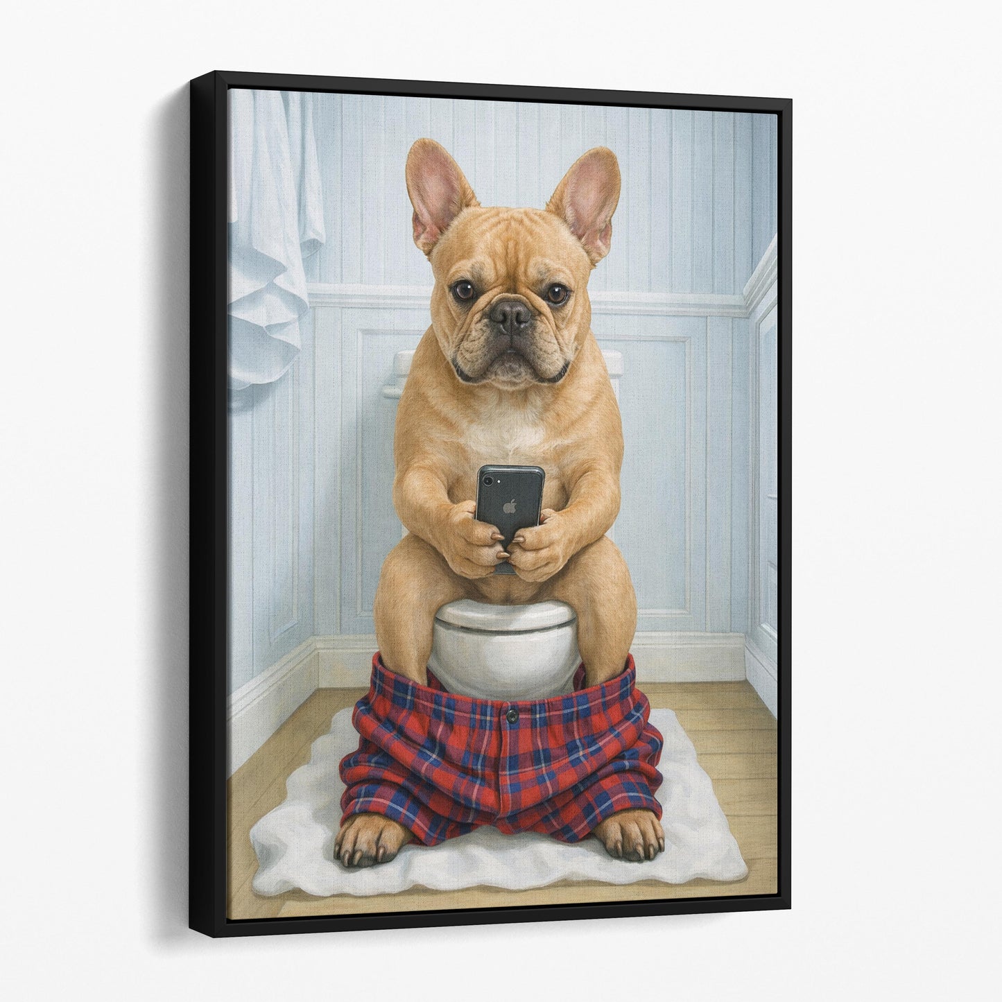 Fawn French Bulldog On The Phone On The Toilet