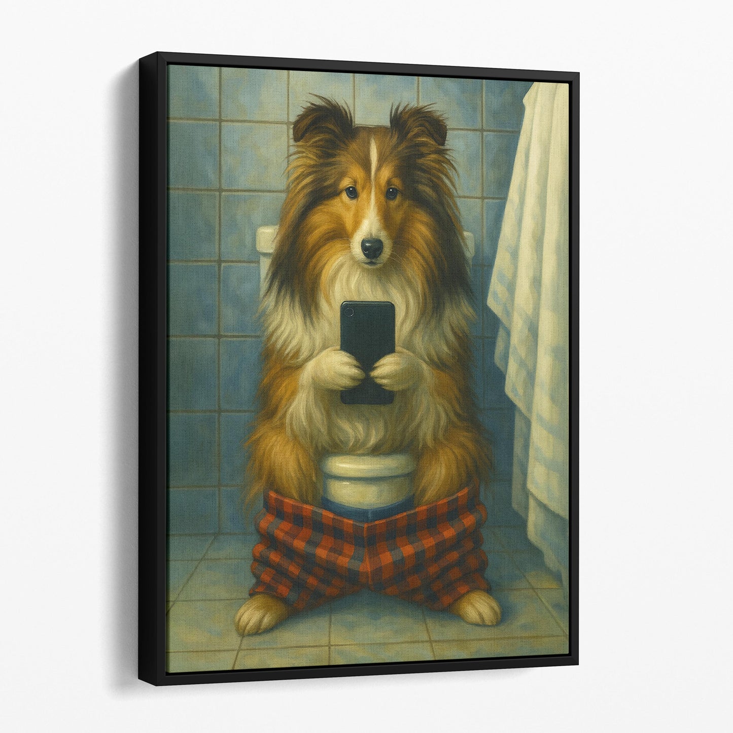 Sheltie Dog On The Phone On The Toilet