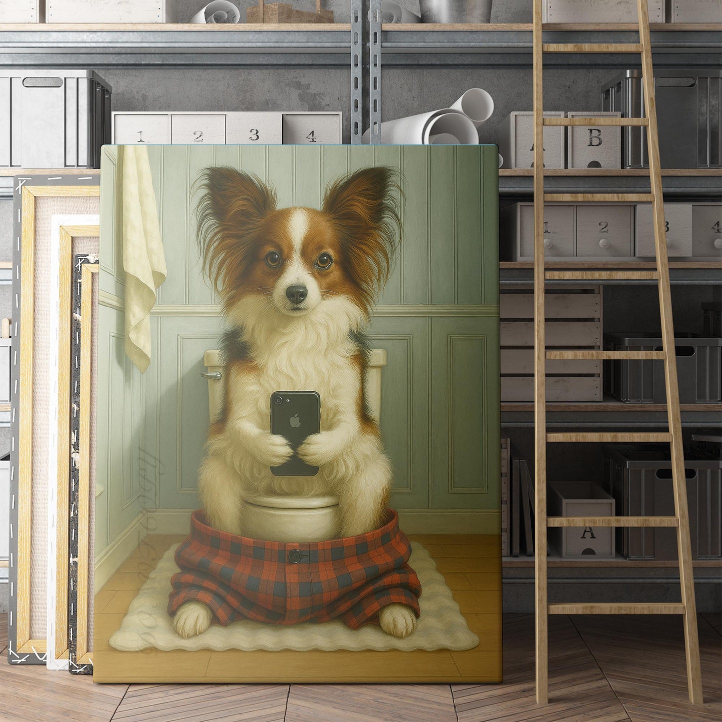 Papillon Dog On The Phone On The Toilet