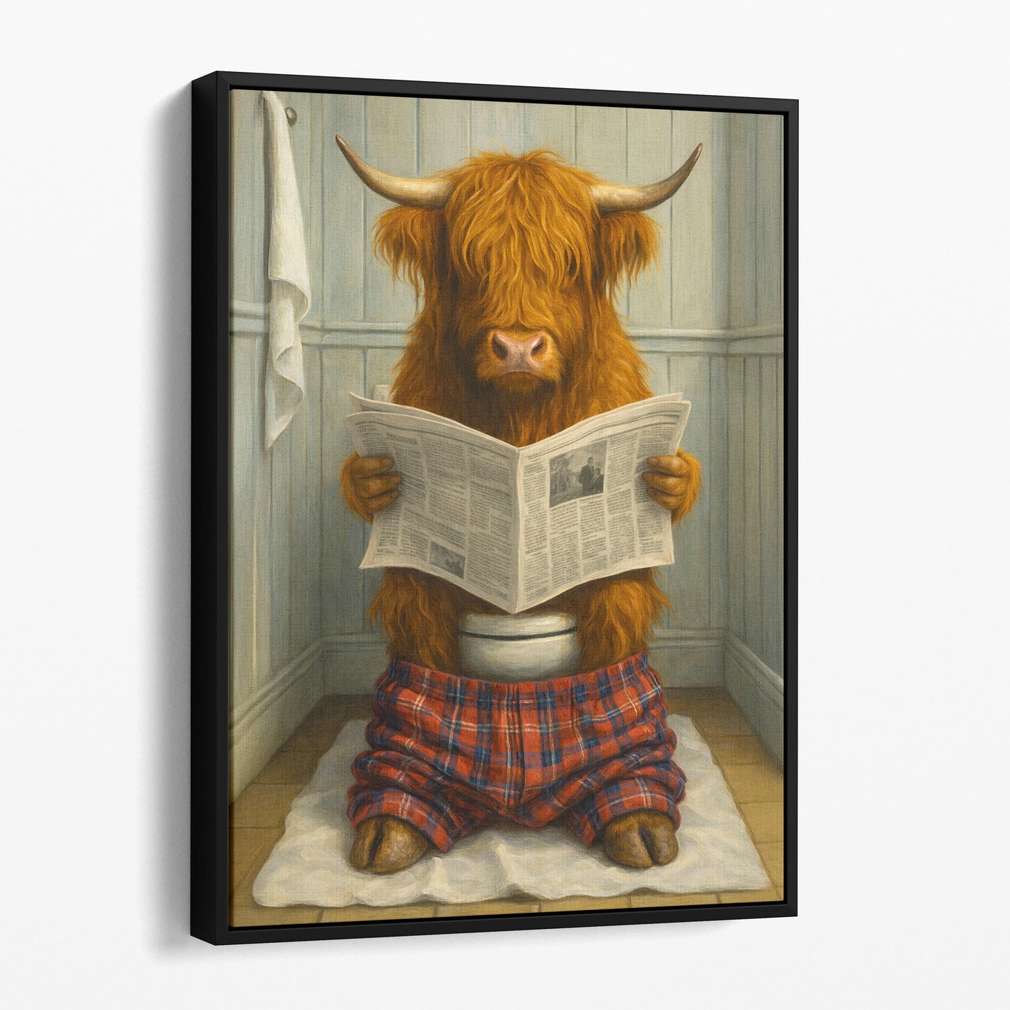 Highland Cow Reading The Newspaper On The Toilet