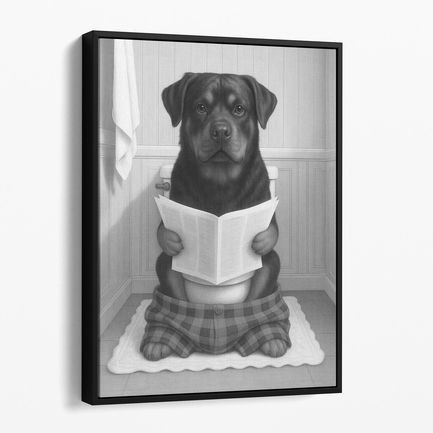 Rottweiler Dog Reading The Newspaper On The Toilet
